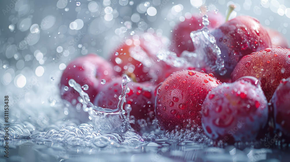 Poster a bunch of red apples are sitting in a puddle of water. the water is splashing around the apples, cr