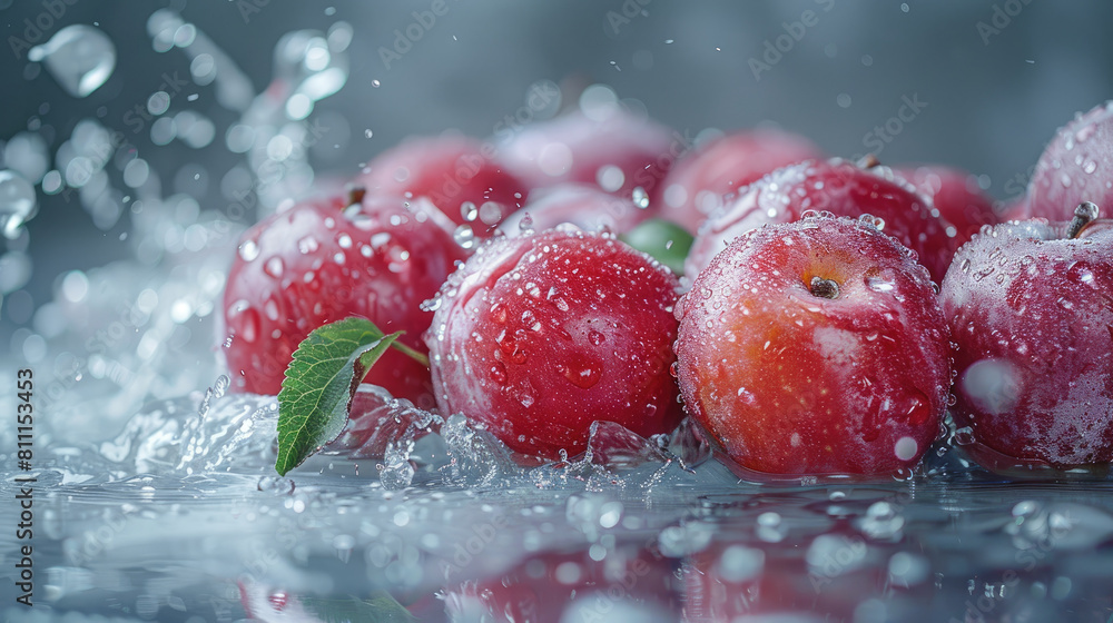 Poster a bunch of red apples are floating in a pool of water. the apples are surrounded by leaves, which ar