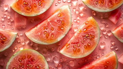 watermelon slices, fresh and delicious, Top down view. Shot using a Hasselblad camera, ISO 100....