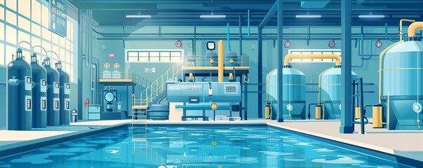 Illustration of a water treatment facility using advanced technology to remove toxic contaminants from drinking water - obrazy, fototapety, plakaty