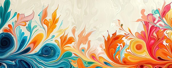 Illustration of a workshop on paper marbling, creating sheets of paper with swirling, flourishing colors