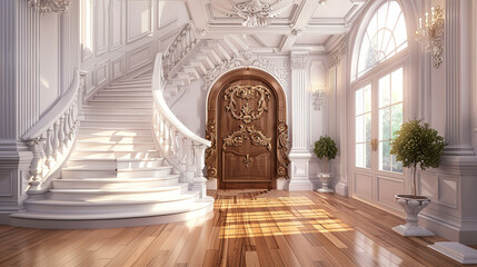 Luxurious entrance with a pearl white staircase a carved wooden door and a gleaming wide hardwood floor