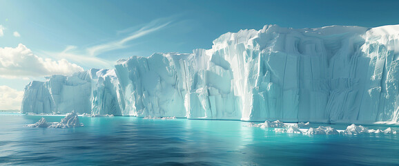 A panoramic view of an iceberg floating in the ocean