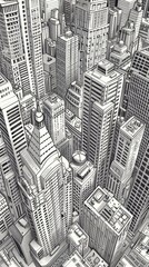 Capture a high-angle view of a bustling cityscape in intricate line art detail, showcasing skyscrapers, busy streets, and tiny pedestrians below