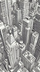 Naklejka premium Capture a high-angle view of a bustling cityscape in intricate line art detail, showcasing skyscrapers, busy streets, and tiny pedestrians below