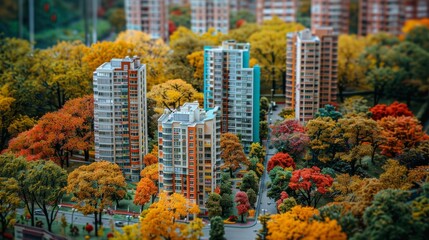 Tilt-shift miniature-style photo of a colorful model cityscape with various buildings and trees. Urban planning and architecture concept. 