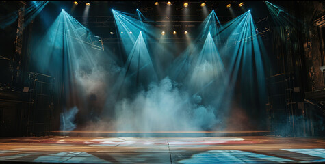 retro vintage interior theater stage with blue spotlights shine on rustic floor with smoke drifting around, background backdrop, Generative Ai