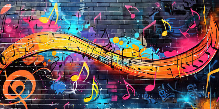 Urban Beats: Graffiti Wall with Spray-Painted Music Notes Creating an Urban Music Scene