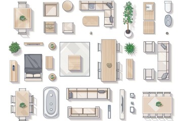 A detailed drawing of a modern living room and kitchen. Suitable for interior design concepts