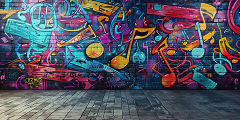 Fototapeta premium Urban Beats: Graffiti Wall with Spray-Painted Music Notes Creating an Urban Music Scene