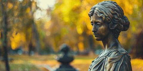 A bronze statue of a woman in a park, suitable for outdoor concepts