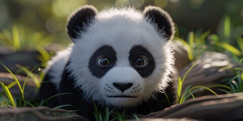 Obraz premium A close up of a panda bear laying in the grass. Suitable for wildlife or nature concepts