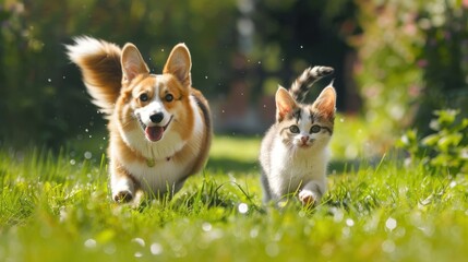 furry friends red cat and corgi dog walking on the green grass in a summer, sunny day, meadow under the drops of warm rain.