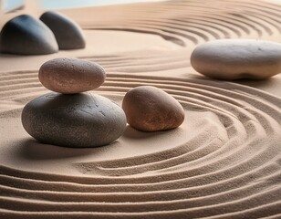 Traditional Japanese dry sand and stone zen garden. Closeup of patterns on white sand and round ornamental pebbles. 
