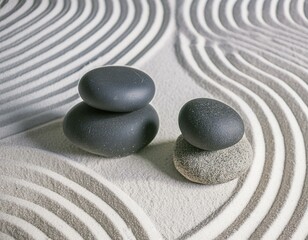 Close-up of a traditional Japanese dry sand and stone zen garden. 
