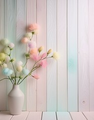 Colourful striped wooden wal decorated with flowers as abackground. Bright pale pastel colours. 