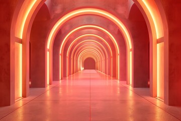 Futuristic red and orange illuminated corridor with infinite perspective design