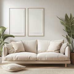 ,Frame mockup, Scandinavian style home living room interior with sofa, wall poster frame design, 3D render