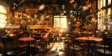 Jazz Cafe Rhythms: Music Notes Drifting Amidst Tables and Chairs in a Cozy Jazz Cafe