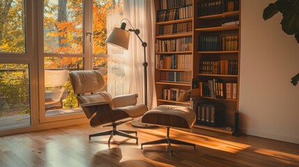 A cozy reading nook in a minimalist home, featuring a comfortable armchair, a floor lamp, and a sleek bookshelf.