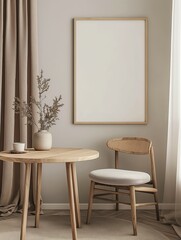 Frame mockup, home interior with wooden table and chair, wall poster frame design, 3D render