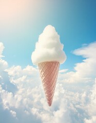 Abstract image with a white fluffy creamy ice-cream in a cone, in the clouds on blue sky background.
