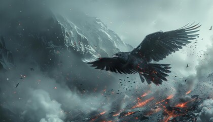 Fototapeta premium Illustrate a majestic bird flying high above a sprawling obsidian mine