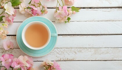 Ceramic cup of tea on a wooden table. Background with copyspace in bright pale pastel colours. 