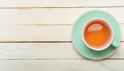 Ceramic cup of tea on a  wooden table. Background with copyspace in bright pale pastel colours