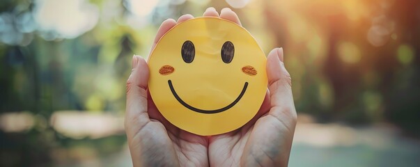 Two hands holding up a paper smiley face, with a softfocus background to emphasize happiness - obrazy, fototapety, plakaty