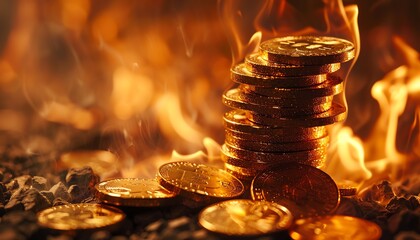 A dramatic stack of gold coins burning, illustrating financial loss or market volatility - obrazy, fototapety, plakaty