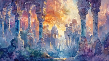 Illustrate a stunning watercolor painting capturing the grandeur of a Persian Empire palace from a unique worms-eye perspective Highlight lush hanging gardens