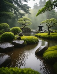 Beautiful Japanese zen garden on a rainy foggy day. View to bonsai trees, decorative rocks and a pond. 