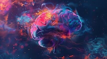 Illustrate the concept of dopamine release in the brain with a mix of surreal and abstract digital art Convey a sense of euphoria and excitement through dynamic shapes and bold