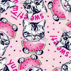 Cute kitten cat face with watermelon seamless pattern. Vector illustration.