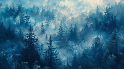 Imagine a mesmerizing aerial perspective of a vast pine forest blanketed in slate blue mist, evoking a sense of mystery and tranquility, with hints of unseen wildlife