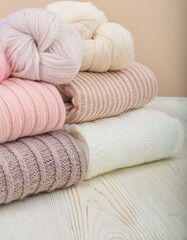 Pile of colorful wool sweaters and blankets on a wooden table. Bright soft pale pastel colours.
