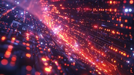 Fototapeta premium Infuse the concept of cybersecurity from a low-angle perspective by featuring a digital fortress under attack Show a network of glowing circuits intertwined with binary code