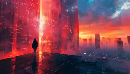 Visualize a futuristic interpretation of hieroglyphics integrated into a high-tech cityscape