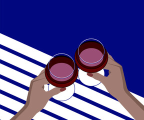 Hands holding glasses with red wine. Friends raise a toast with glasses of wine at a family dinner.    Relax on the terrace by the sea. Minimalistic and flat color drawing. Vector illustration