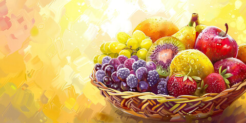 Fresh Fruit Basket: Clean Background with Juicy Yellow and Purple Colors, Symbolizing Freshness and Nutrition