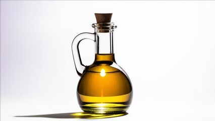 Glass vessel with olive oil on a white background.