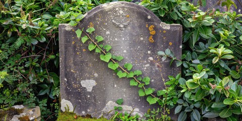 An abandoned old tombstone overgrown with greenery. Eternal memory, the need to remember, the importance of the past.