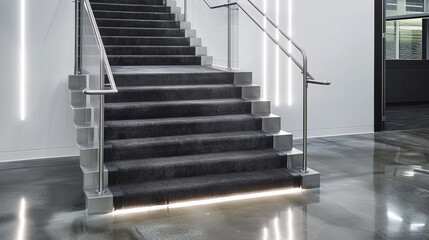 Modern luxury foyer with charcoal gray carpeted stairs featuring sleek steel handrails and a...