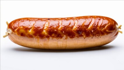 Juicy grilled sausage on a white background.