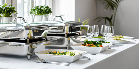 Catering Equipment and clean Buffet Setup. Chafing Dishes and Servingware on white background. Catering company, restaurant supply store.