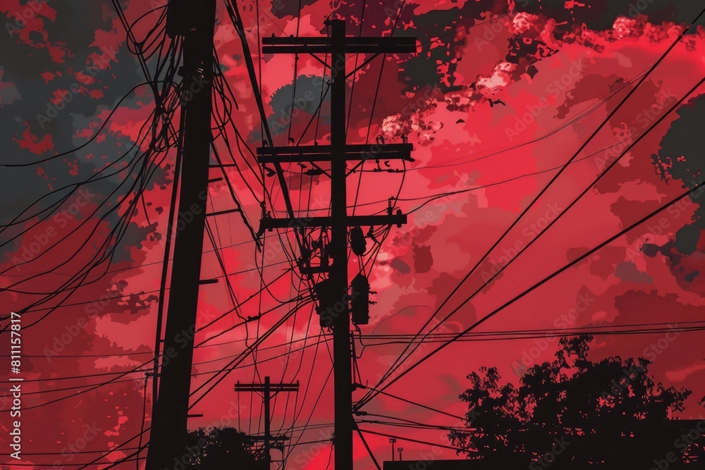 Poster a striking image of a red sky with power lines and telephone poles. perfect for illustrating concept