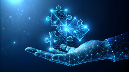 Unlocking Potential: Handheld Puzzle in Futuristic Hologram. Perfect for: Business strategy presentations, innovation workshops, problem-solving seminars, tech blogs, leadership development materials