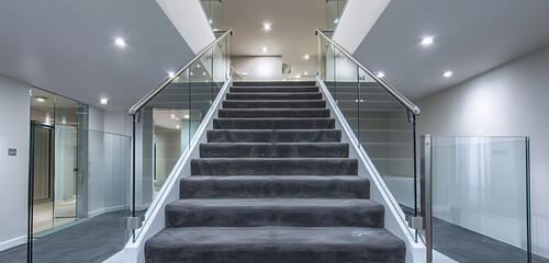 Modern mansion foyer with charcoal gray carpeted stairs featuring a glass banister and a minimalist design The area is brightly lit by a series of recessed ceiling lights - Powered by Adobe