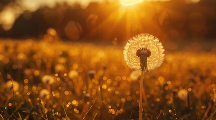 A single dandelion standing out in a field of grass. Suitable for nature and spring themes - Powered by Adobe